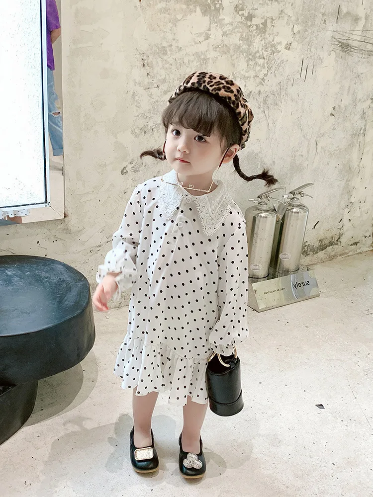 Girl's Dress Polka Dot Lace Collar Chiffon Dress Princess Dress24Spring and Summer New Foreign Trade Children's Wear New