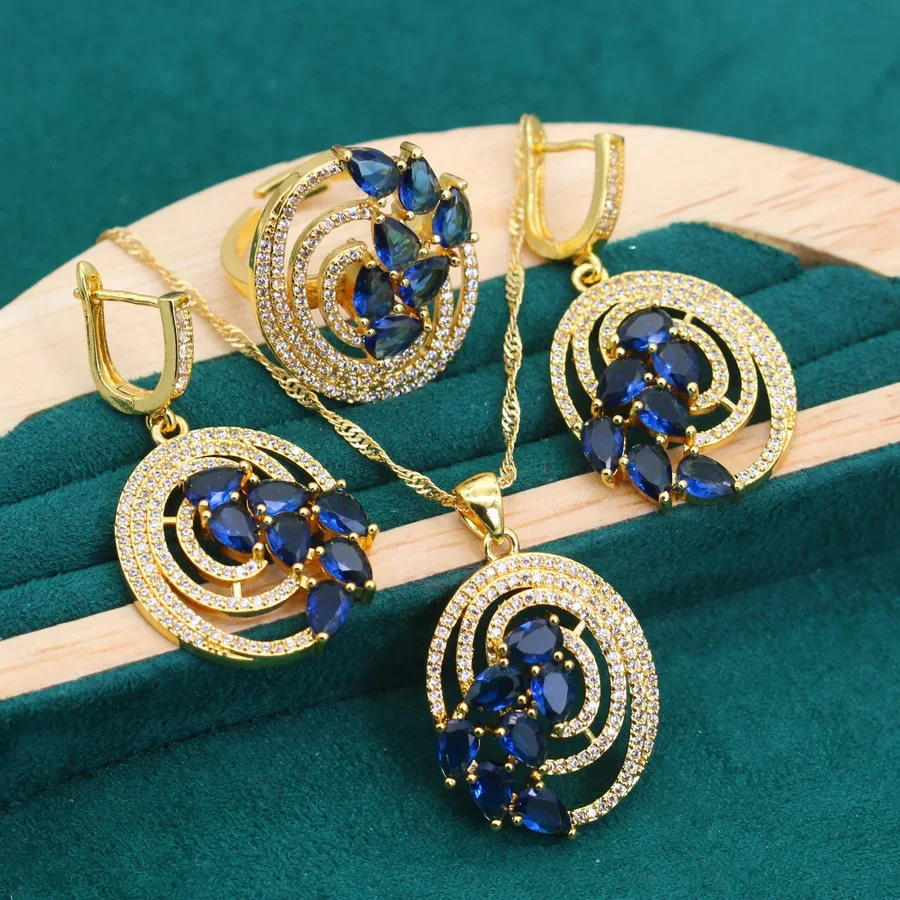 New Arrivals Noble Golden Color Wedding Jewelry Sets for Women Bride Blue Zircon Bracelet Earrings Necklace Pendant Open Ring