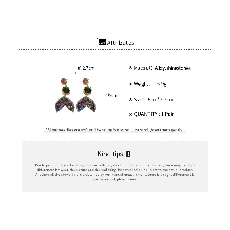 Colorful Fishtail Rhinestone Earrings for Women Fashion Style Drop Earrings Medieval Vintage High-grade Sense Jewelry Girl Party