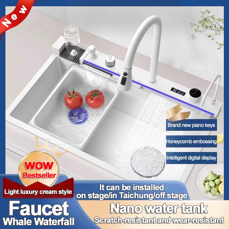 White Whale Flying Rain Waterfall Stainless Steel Sink Honeycomb Digital Display Multi-functional Thickened Kitchen Single Sink