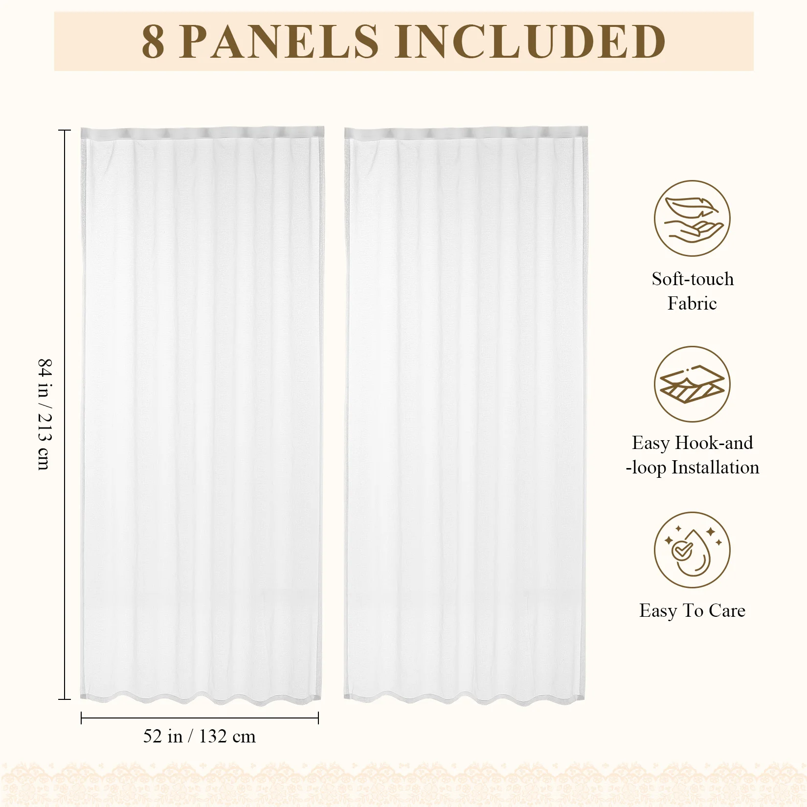 8 Packs Outdoor Sheer Curtains, 52×84 Inch Light Filtering Patio Drapes, Hook-and-Loop Waterproof Pergola Curtains for Porch, Garden & Pool House