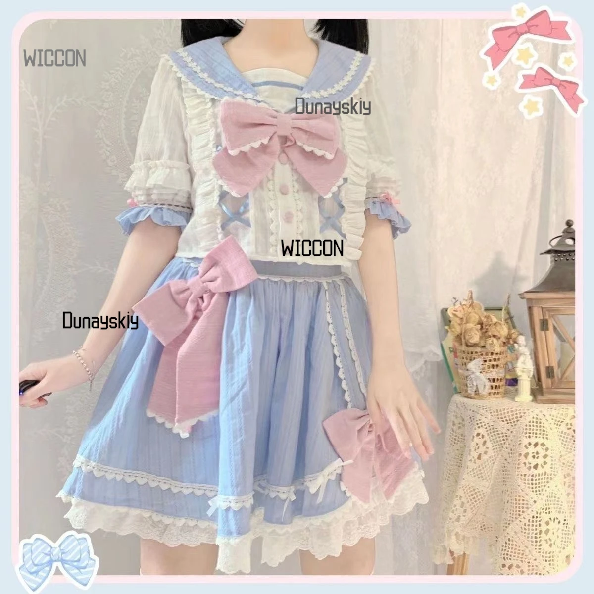 القوس ساكورا فساتين لوليتا حقيقية الصيف القطن قصير الأكمام JK لو تنورة مطوي كشكش حافة بحار دعوى OP فستان الأميرة