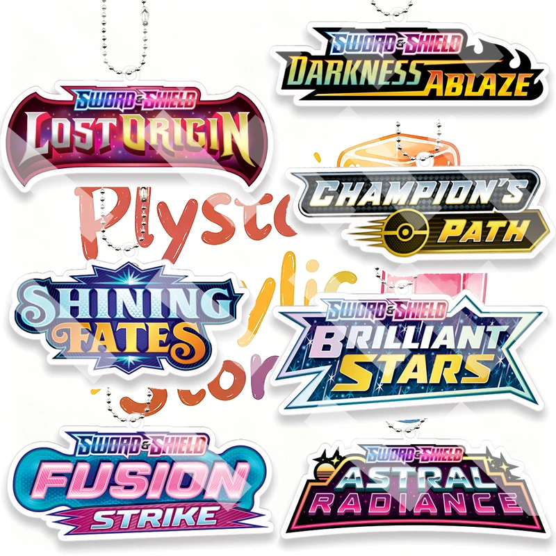 Anime Fashion 5cm Pocket Monsters Card Logo Acrylic Keychain Pendant Decor TCG Sword Shield Series Expansion Set Name Charm Gift