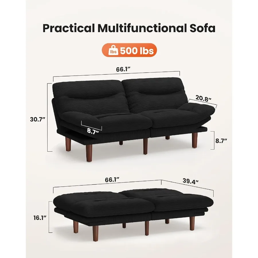 Convertible Corduroy Futon Sofa Bed For Living Room Use, Brown Fabric, Easy Fold Design With Comfortable Seating And Sleeping F