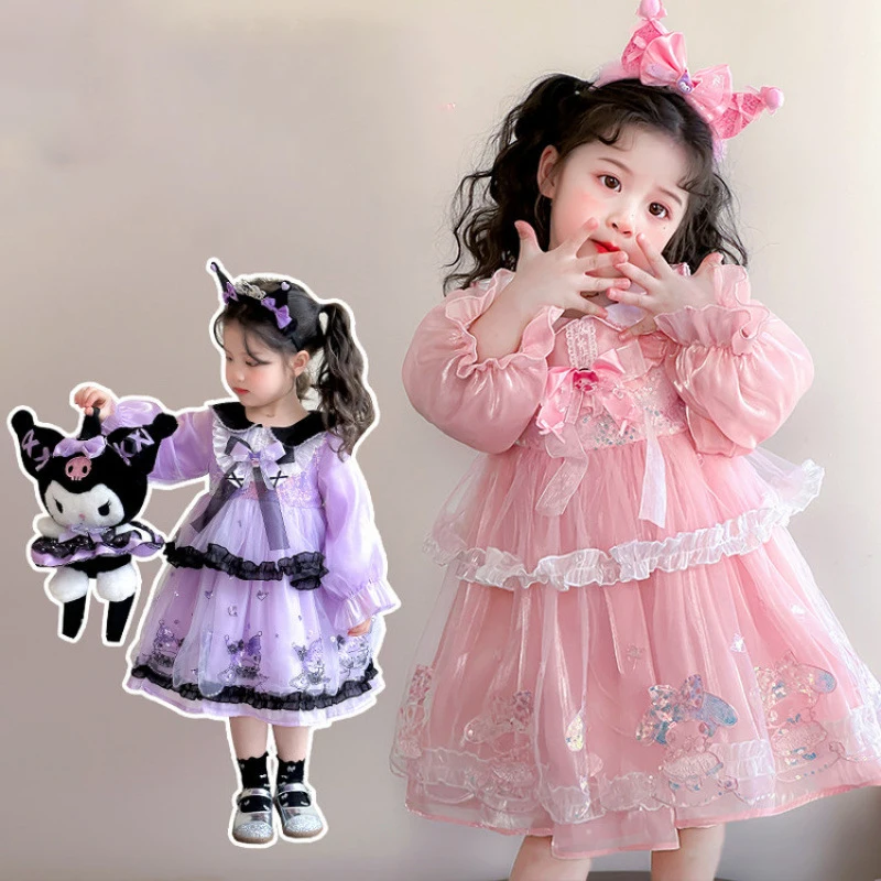 

Kawaii Kuromi Lolita Princess Dress Anime Girl Cosplay Dresse My Melody Children Lace Puffy Skirt Party Dress Long Sleeved Dress