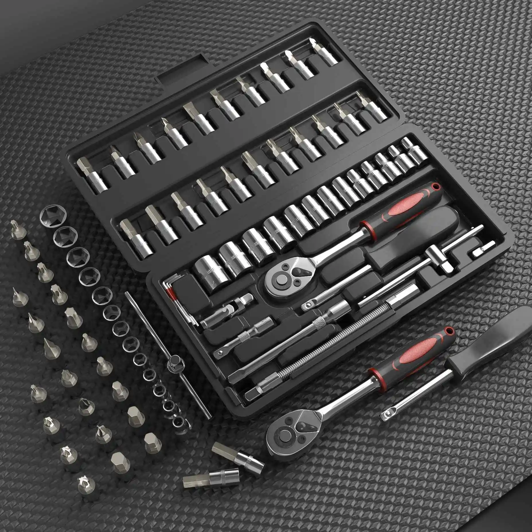 KAFUWELL SS5260A 46pcs 1/4 Inch Drive Metric Socket Set Professional Mechanic Tool Kit Auto Repair Ratchet Wrench Hardware Box