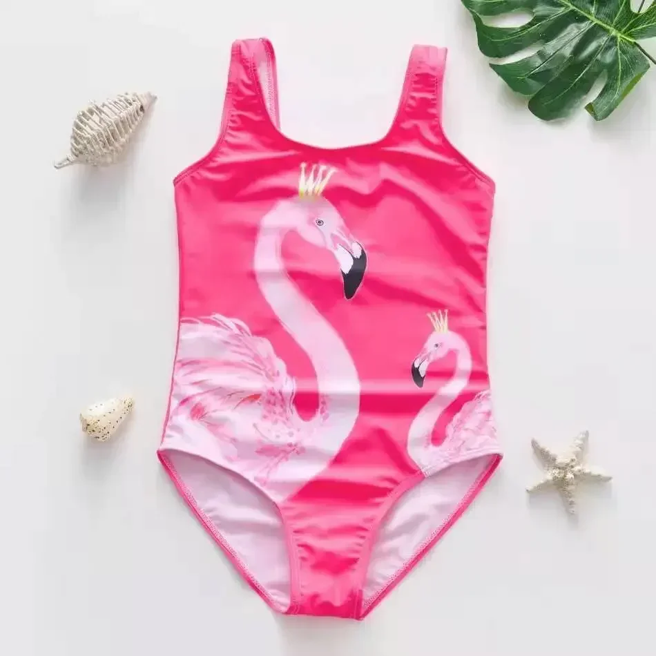 2-14 Years Girls Swimsuit 2023 New One Piece Swimwear Flamingo Ruffle Style Children\'s Swimwear One Piece Swimsuit