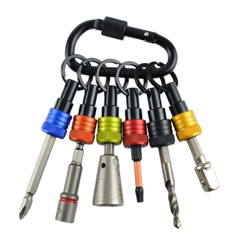 Bit Holder Keychain 6Pc -1/4In Hex Shank Bit Holders -For Nut Driver,Screwdriver & Drill Bits,Include Keychain Carabiner