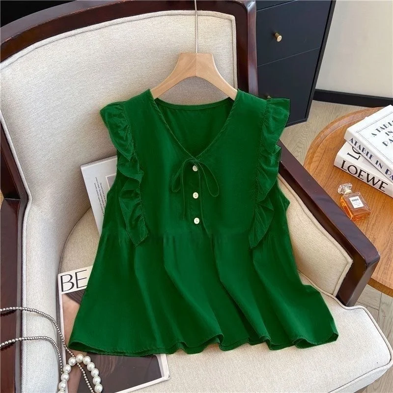 

Новая летняя женская блузка из полиэстера с V-образным вырезом, свободного кроя, без рукавов, дышащая, с эффектом похудения, в стиле Sweet Lotus Leaf