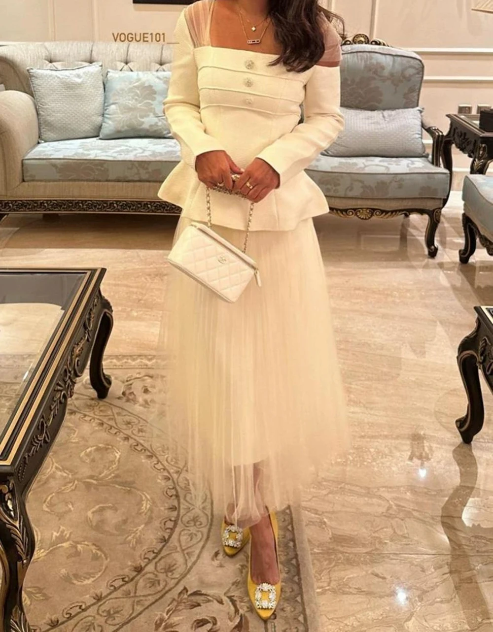 

2025 autumn and winter new fashion square neck mesh splicing top + high waist mid-length skirt two-piece set-GZXX900