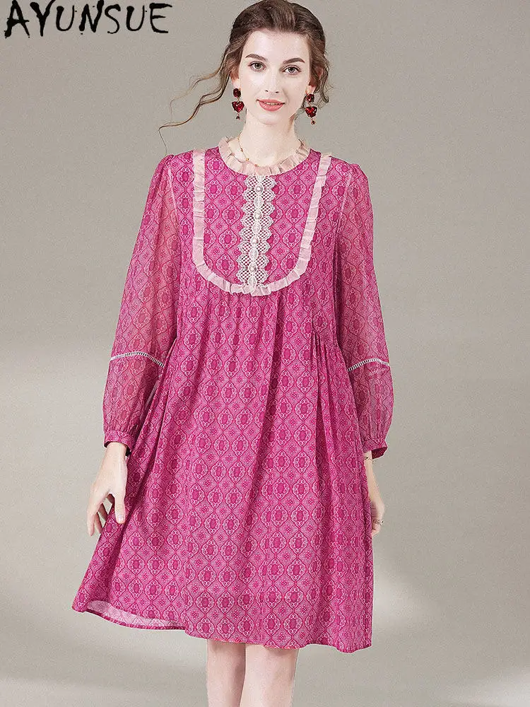 AYUNSUE 100% Natural Mulberry Silk Dress Elegant Dresses for Women Spring Summer Woman Clothes Party Dress Print Платье Женское