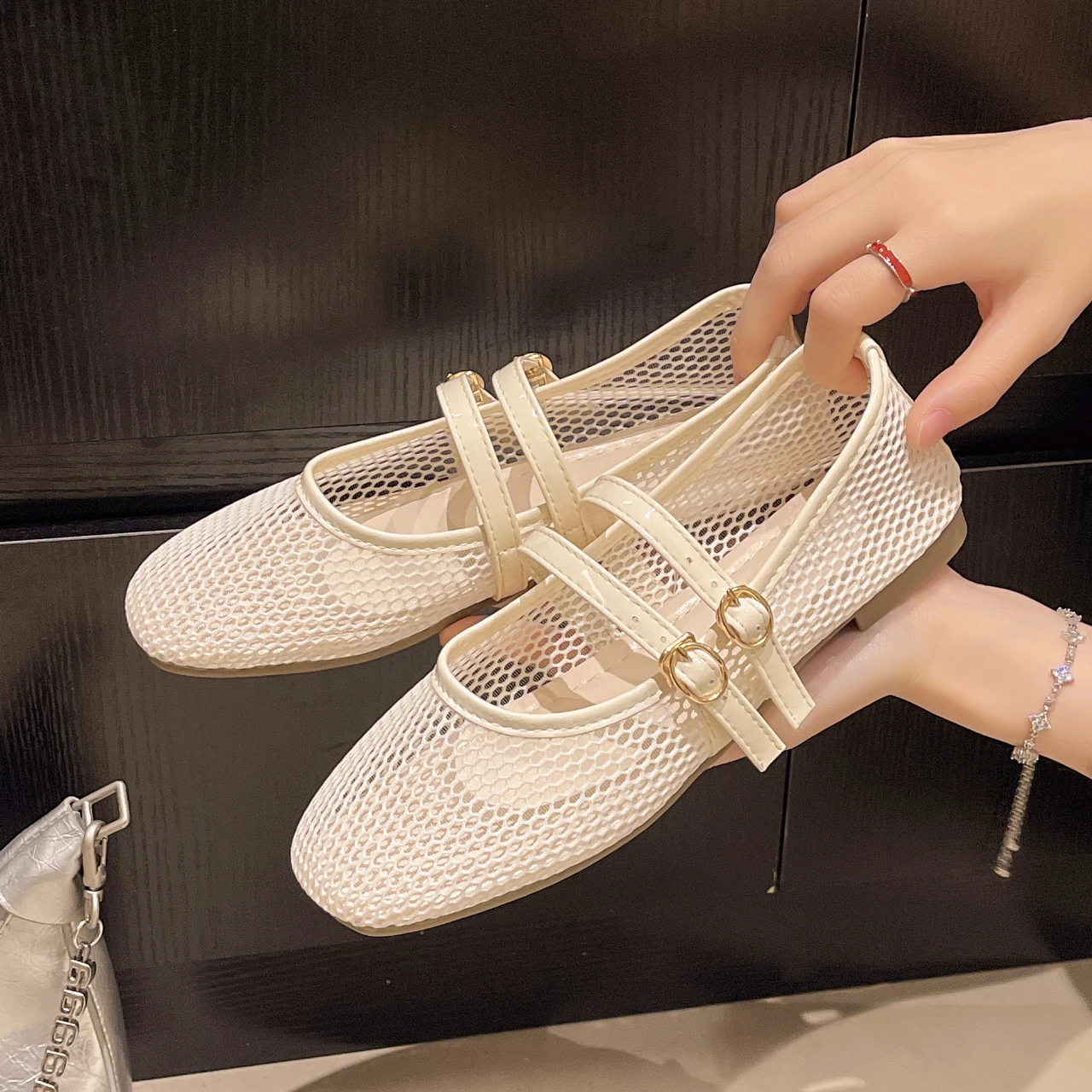 Breathable Women's Shallow-mouth Single Shoes, 2026 Summer New Hollow-out Flat Mary Jane Delicate Mesh Shoes, Grandma Shoes view 2