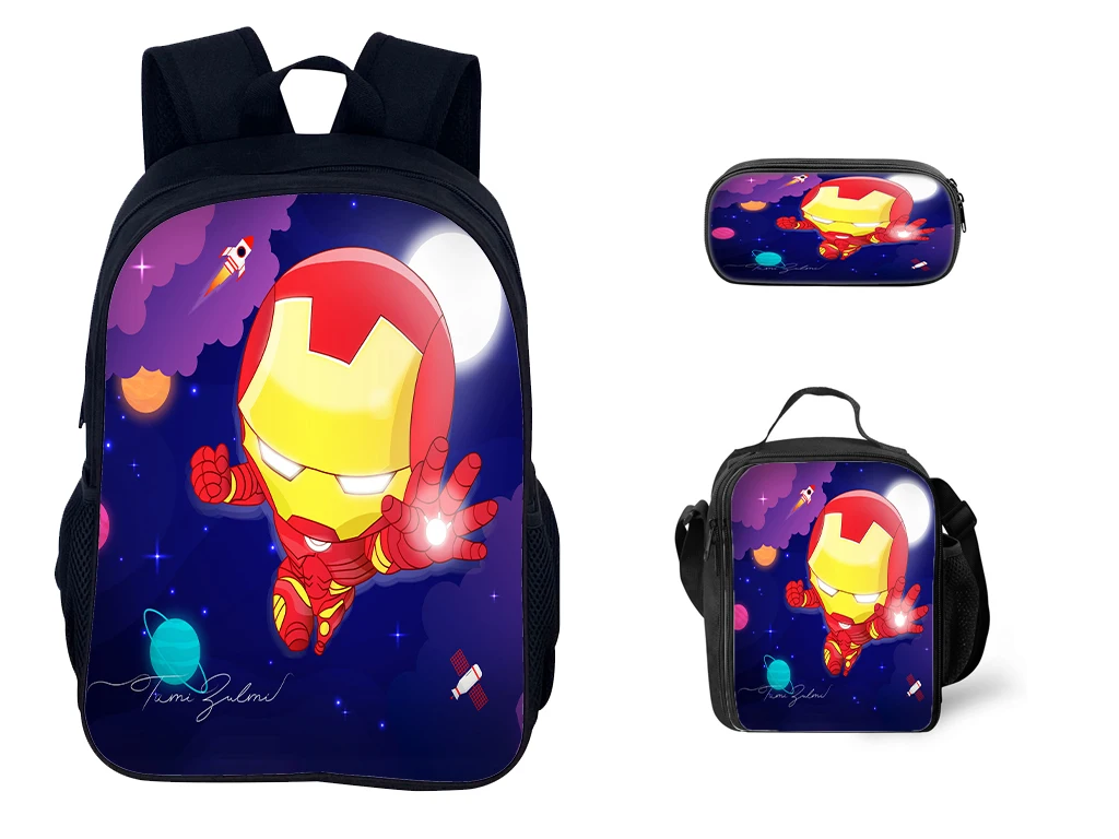 

Iron Man 3 in 1 Lightweight Backpack+Lunch Tote+Pen Box,Super Hero Canvas Bookbag Durable School Bag for Elementary Kids