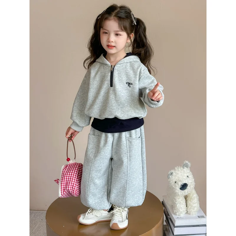 

Girls Suit2025New Spring and Autumn Children's Hooded Sweatshirt Color Block Baby Casual Sports Pants Two-Piece Set