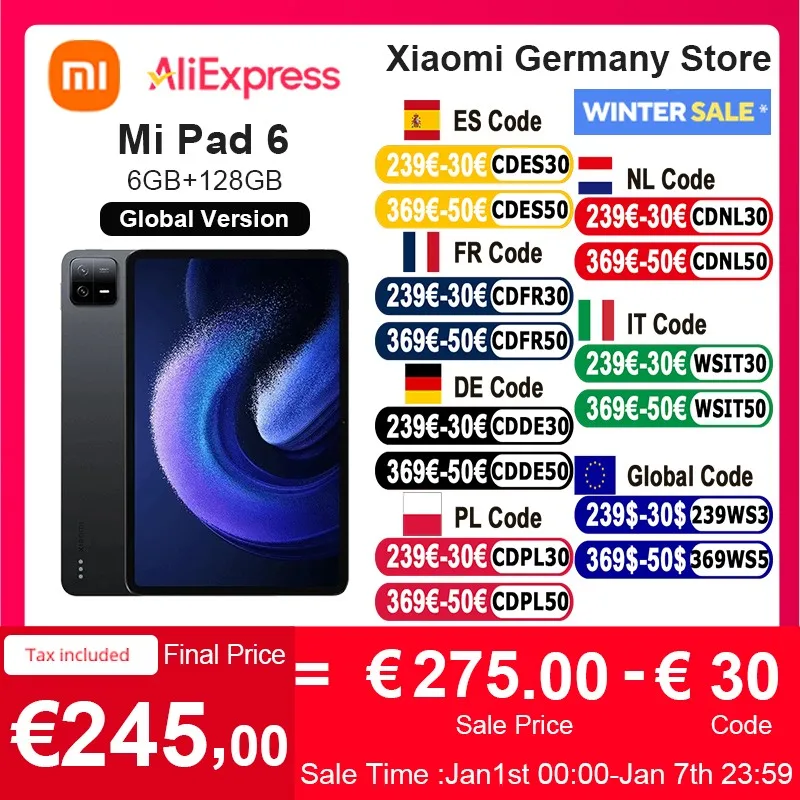 Xiaomi Mi Pad 6 Global Version Snapdragon 870 6 + 128GB/8 + 256GB Tablet Fast Charging 8840mAh Battery 11 ''144Hz Display Bluetooth