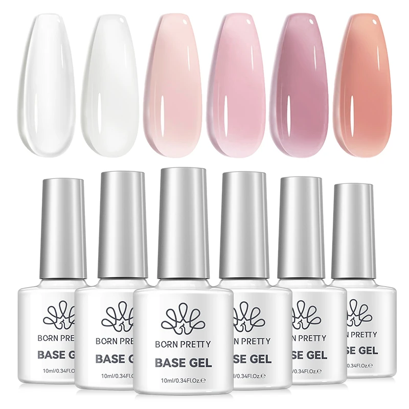 BORN PRETTY 10ML Faser-Gummi-Basis-Gel Nagellack-Set 6 Farben Jelly Pink Natürliche Farbe Semi-Permanent Abziehbarer UV-LED Nagelkunst-Lack