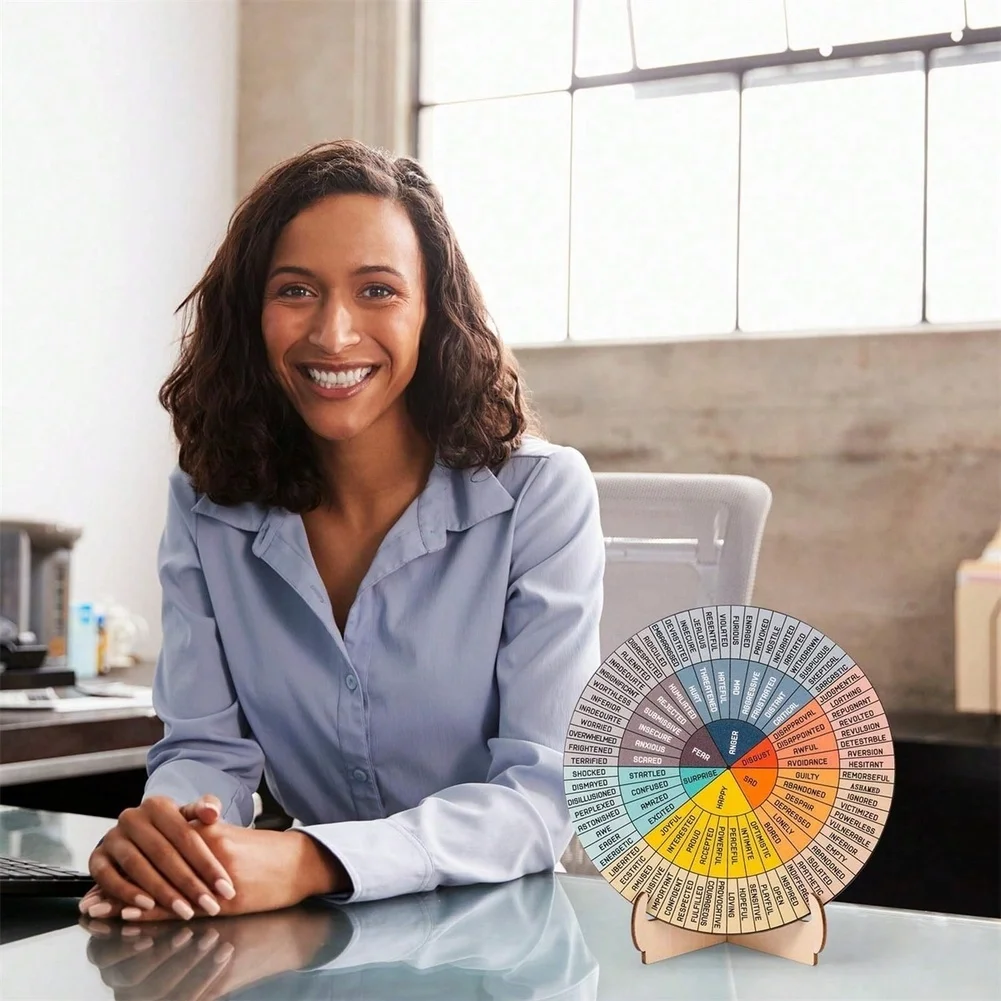 A26F-Therapy Desk Decor-Feelings Wheel Emotions Chart Double Sided With Stand, Mental Health For Home Gift For Therapists