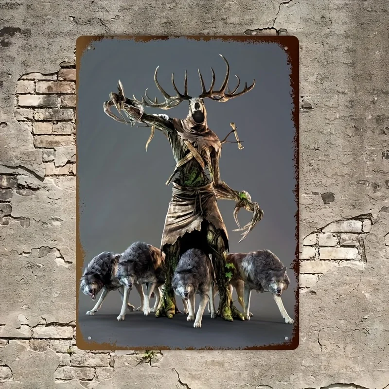 Metal Tin Sign - Wall Art with Undead Character & Wolves Design, Rustic Iron Plaque for Home, Bar, Cafe, or Garage