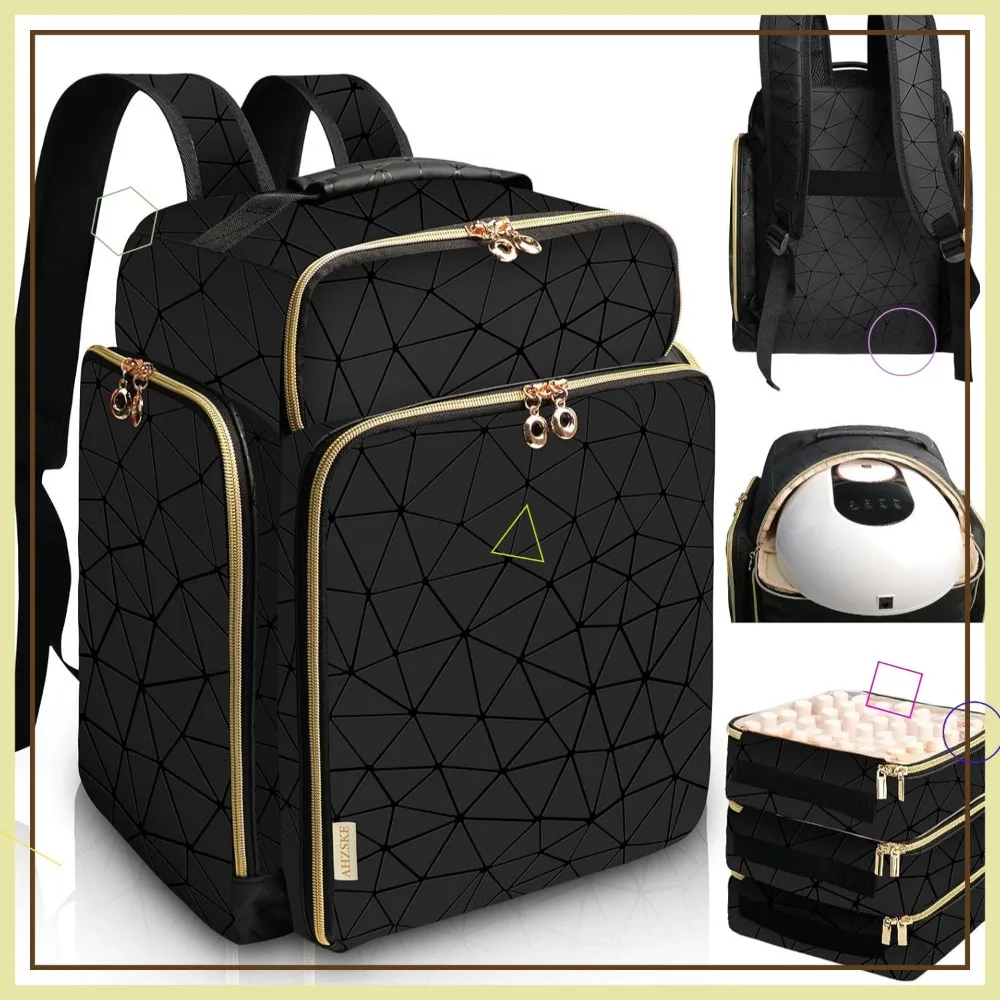 حقيبة ظهر كبيرة جدًا لتنظيم طلاء الأظافر تحمل 126 زجاجة ومصباح، محمولة مع حافظات قابلة للإزالة للسفر