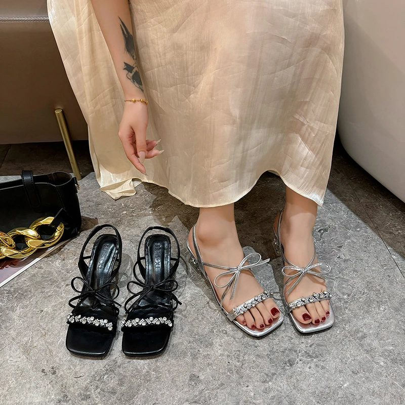 

Summer Fashion Casual Women's Crystal Bow Sandals Simple Square Toe Medium Heel Non-Slip Women's Outdoor Dress Sandals