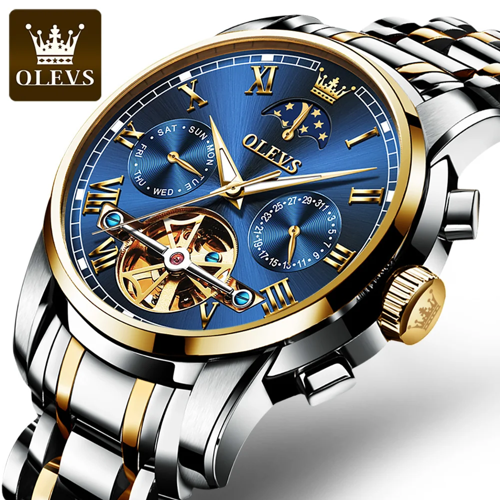 

OLEVS Brand New Fashion Tourbillon Mechanical Watch for Men Luxury Stainless Steel Waterproof Moon Phase Business Men Wristwatch