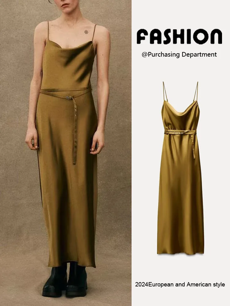 Spring New Arrival Women's Silk Satin Gown with Belt High Waist Long Dr V-Ne Svel Faionable Slimming Design