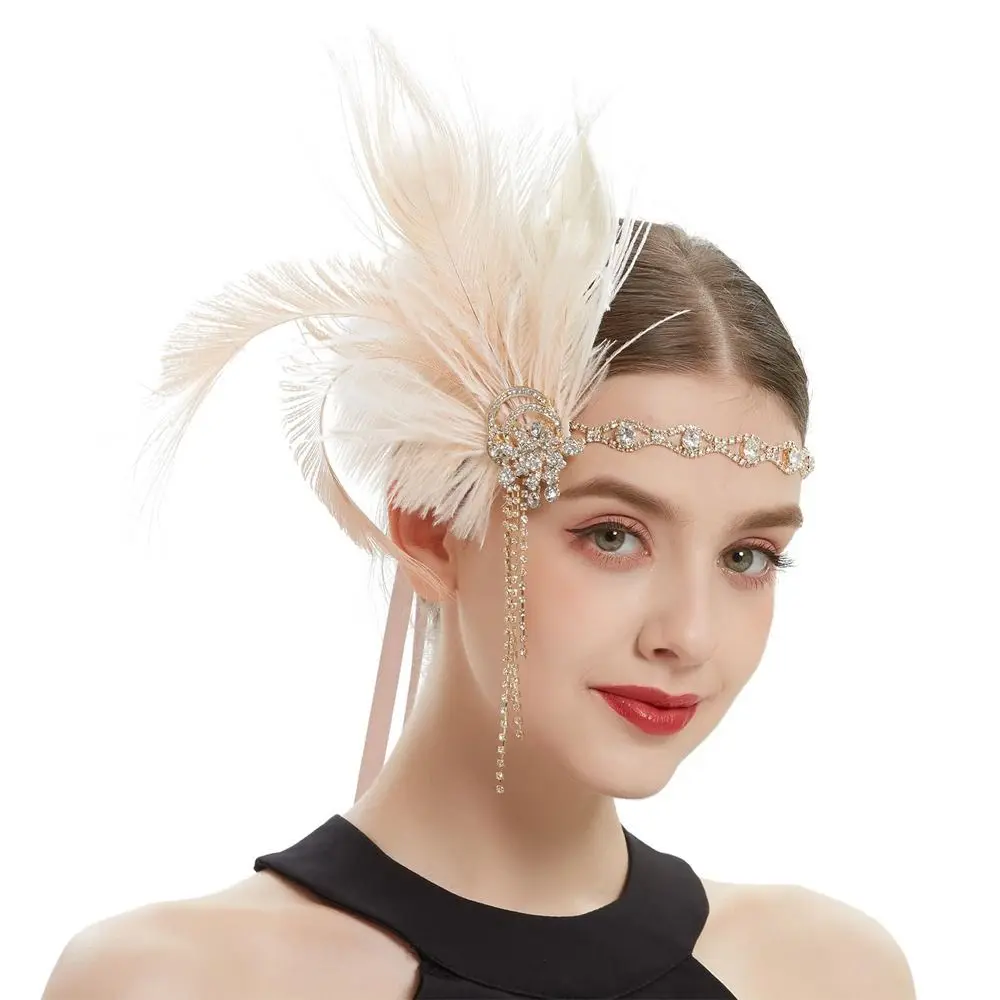 Exquisite Vintage Feather Headband Crystal Zircon Cosplay Dress Headwear Elegant Makeup Party 1920s Hair Accessories Women