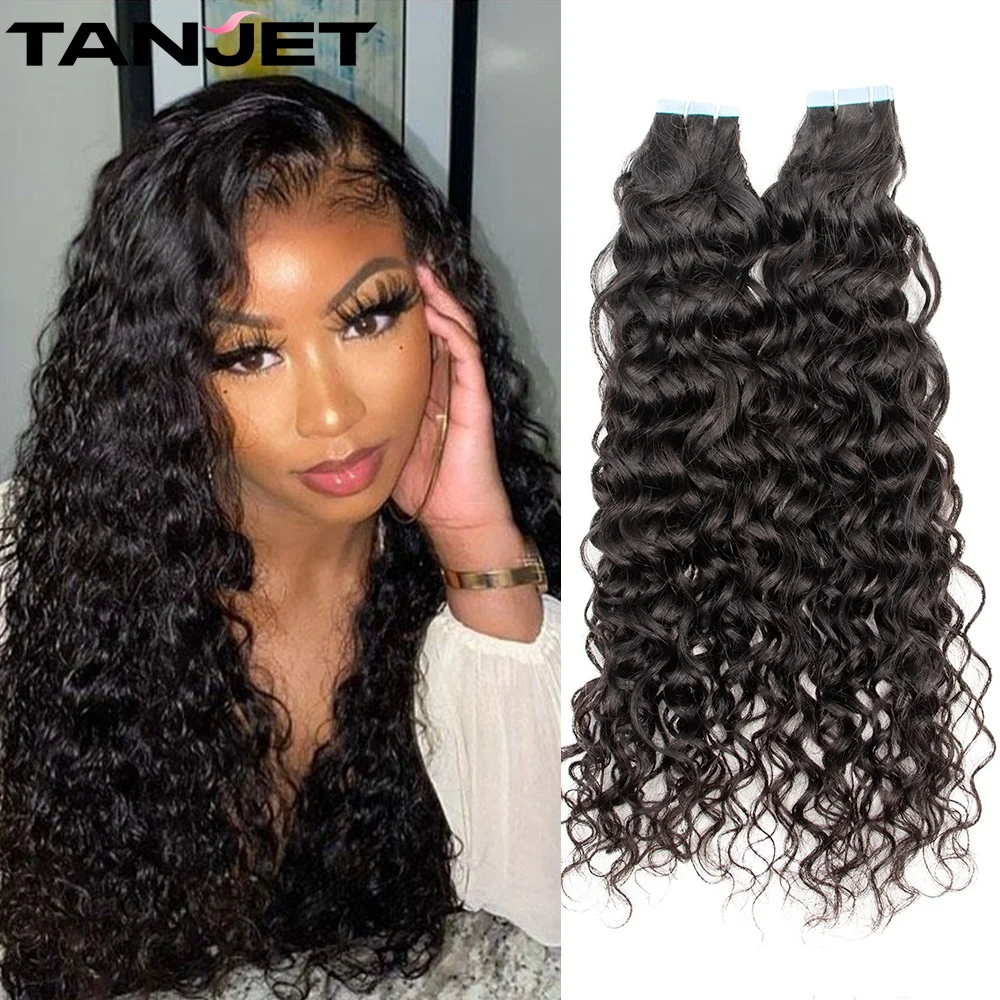 Tape In Human Hair Water Wave Extensions Full Head Remy Human Hair Skin Weft Wet and Wavy Curly Hair Invisible Tape ins Hair