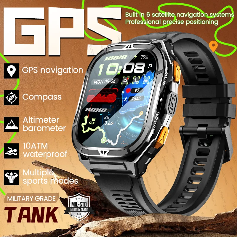 

2025 New TANK Built-in GPS Men Smart Watch Compass Altimeter Bluetooth Call 50M Waterproof 170+sports Modes AMOLED HD Smartwatch