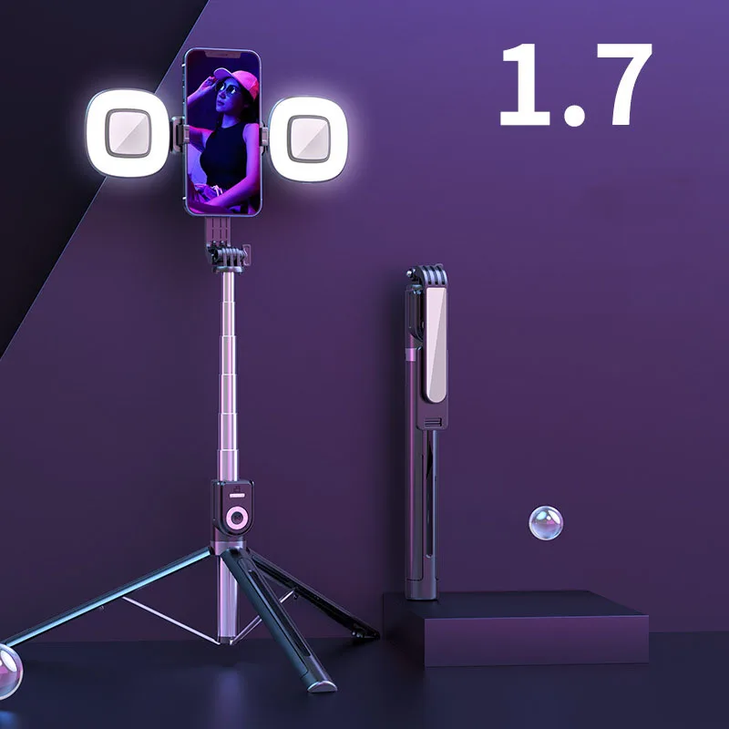 4 in 1 Phone Mount 1.7m Extendable live Tripod Selfie Stick Support LED Ring Dual Light Mirror Stand for iPhone 15 14 11 Android