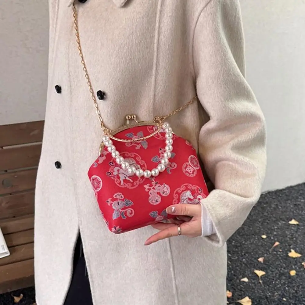 

Pearl Chinese Style Handbag Horse Printed Elegant Embroidery Banquet Bag Single Shoulder with Handle Hanfu Clutch Bag Banquet