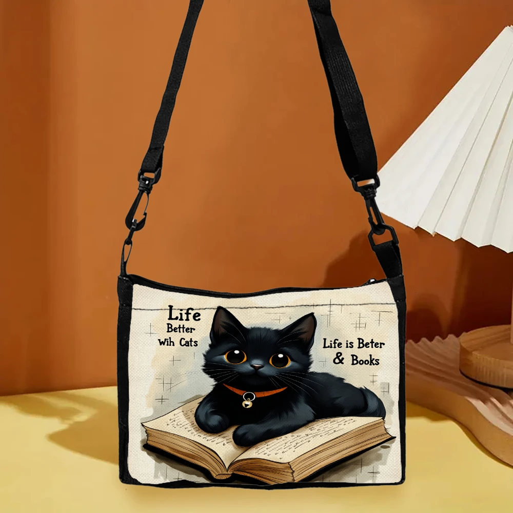 Cute Cat And Book Print Crossbody Bag Cream Color With Black Cat Lying On Open Book And Text Life Better With Cats Life Is Bette