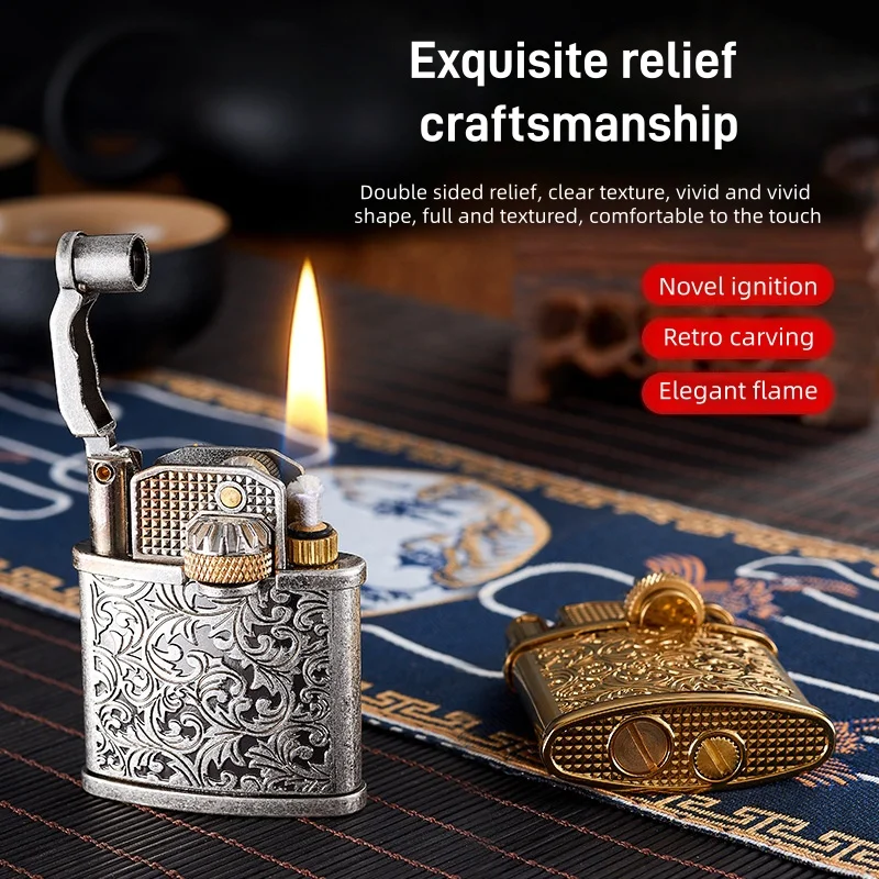 

Portable Gear Linkage Exquisite Relief Old-fashioned Retro Lighter Alloy Material Elegant Open Flame Creative Fashion Men's Gift