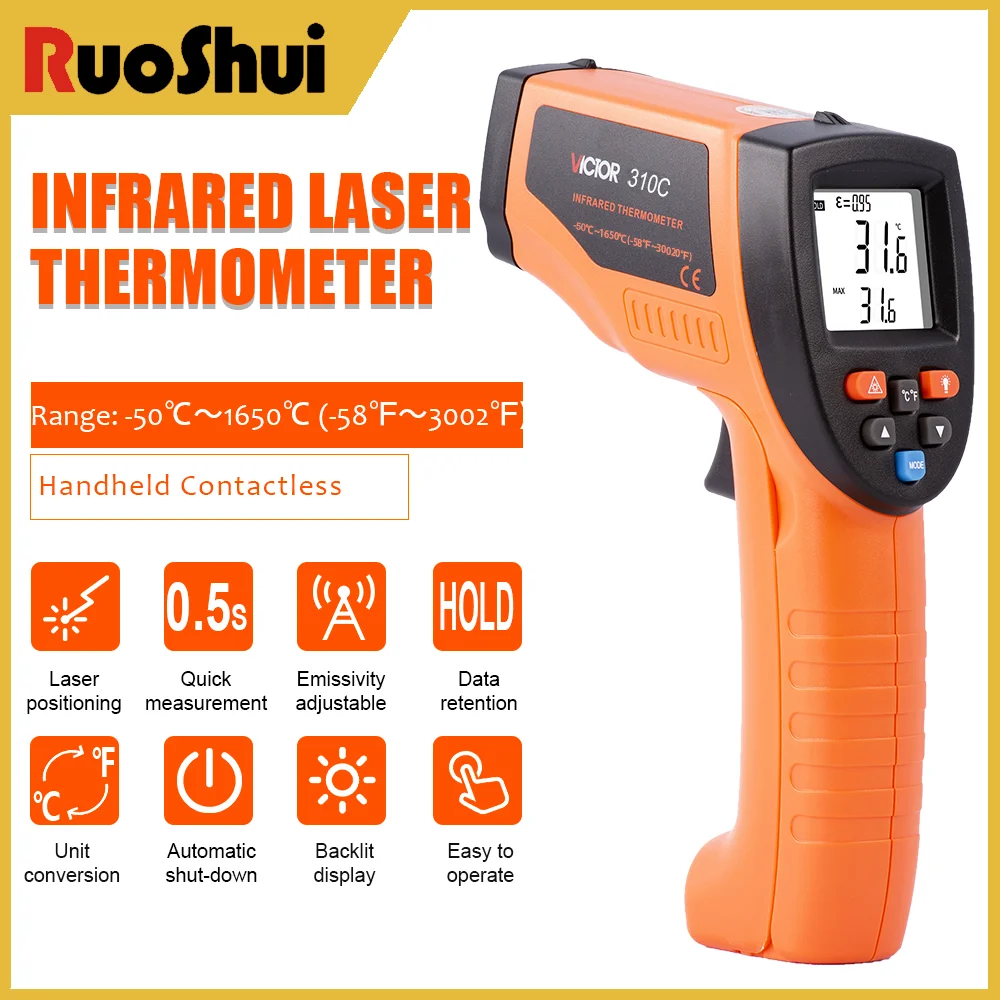 

RuoShui 310C Infrared Laser Thermometer -50°C-1650°C Handheld Contactless Quick Measurement thermometer °C/°F Switchable