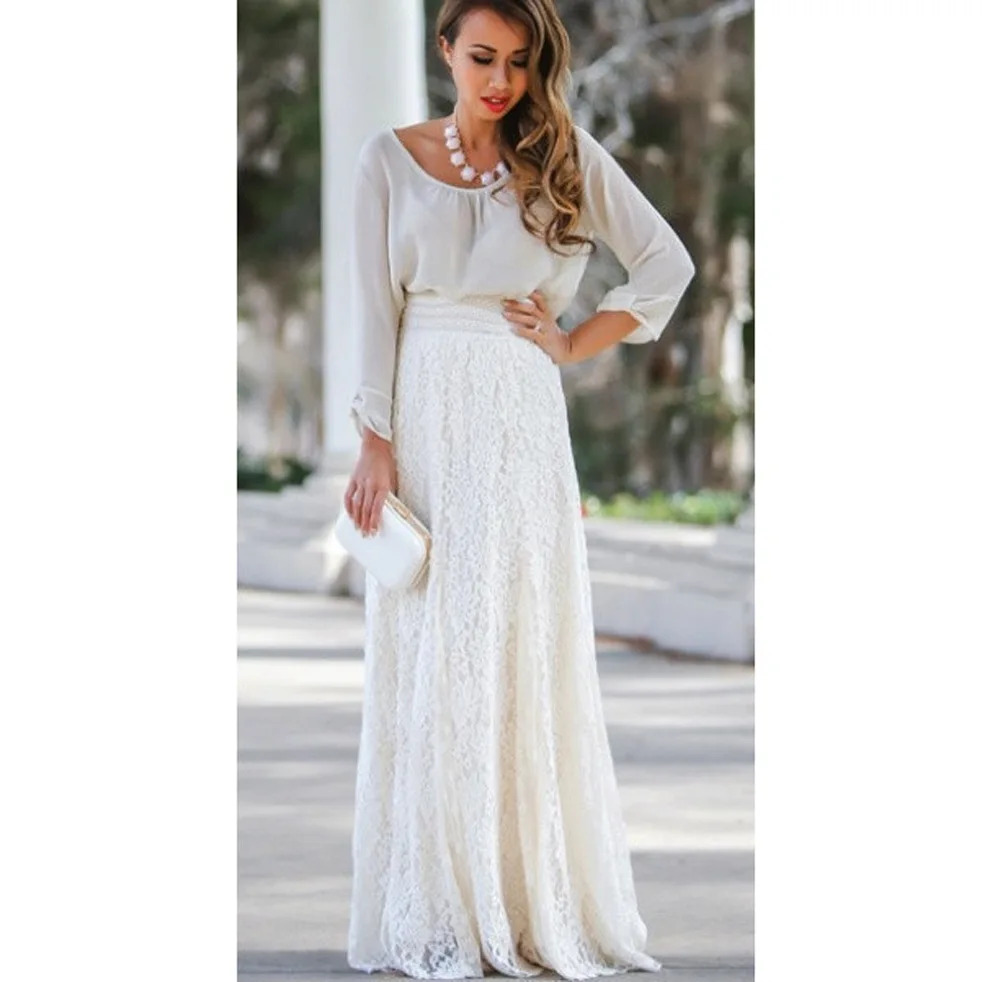 Falda Larga de Encaje para Mujer, Vestido Blanco Informal de Verano 208, Estilo Urbano, 00% Otro Material, Faldas para Damas