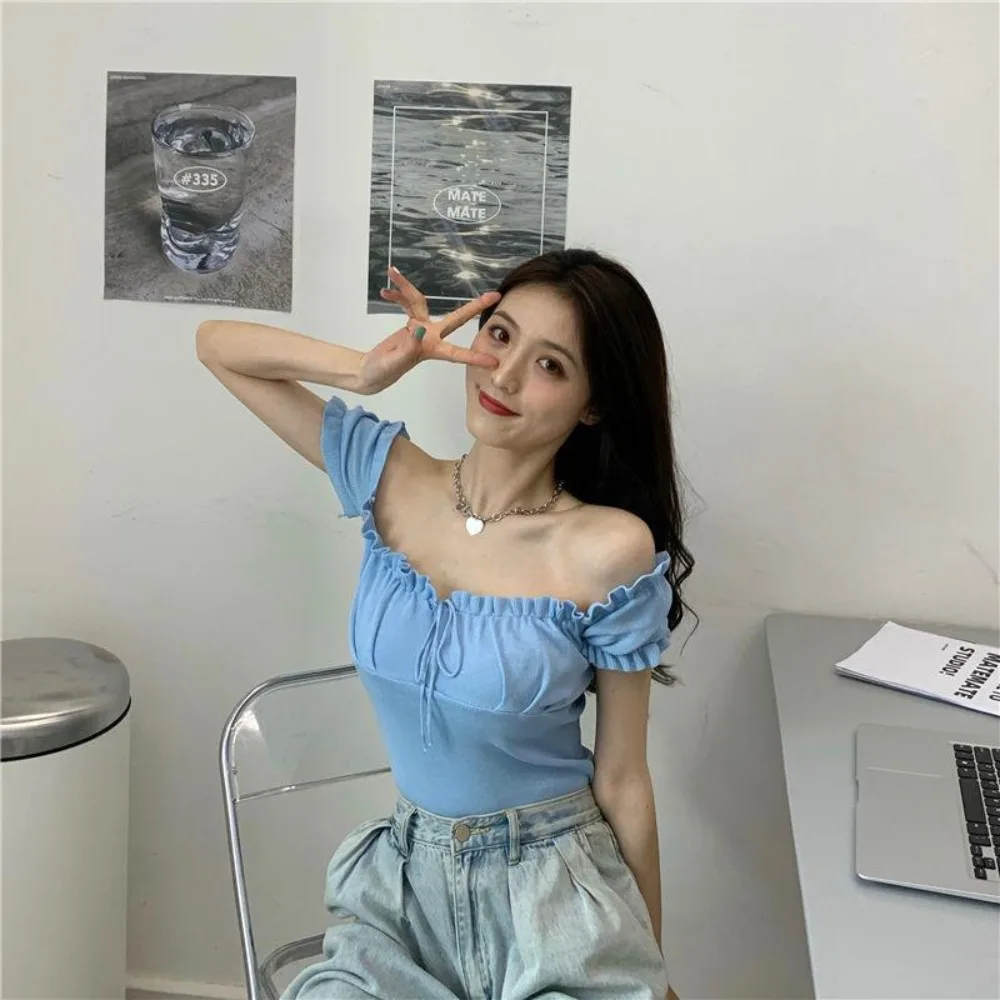 Terylene Square Neck Drawstring T-shirt Straight Shoulder Off-the-shoulder Ice Silk Short Sleeve Top Sleeveless