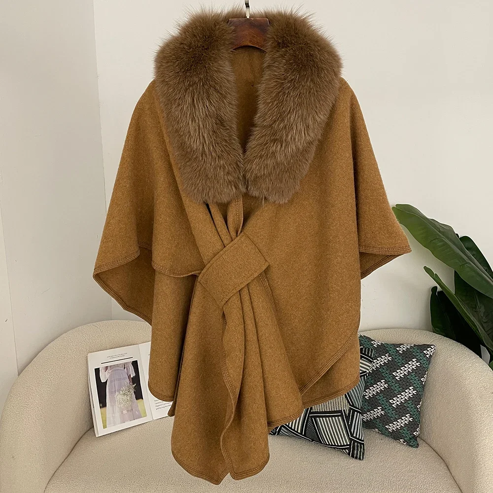 Cloak Poncho Real Fur Coat Woolen Blend Jacket Y2k Korean Clothing Warm Shawl Designer Thickening Fur Coats Spring Scarf Female