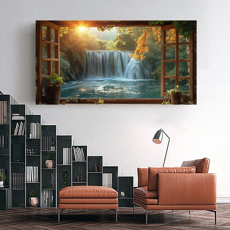 1pc frameless Canvas Painting Scenic Beach Waterfall Forest Lake View From Open Window Lavender Field Canvas Painting Landscape