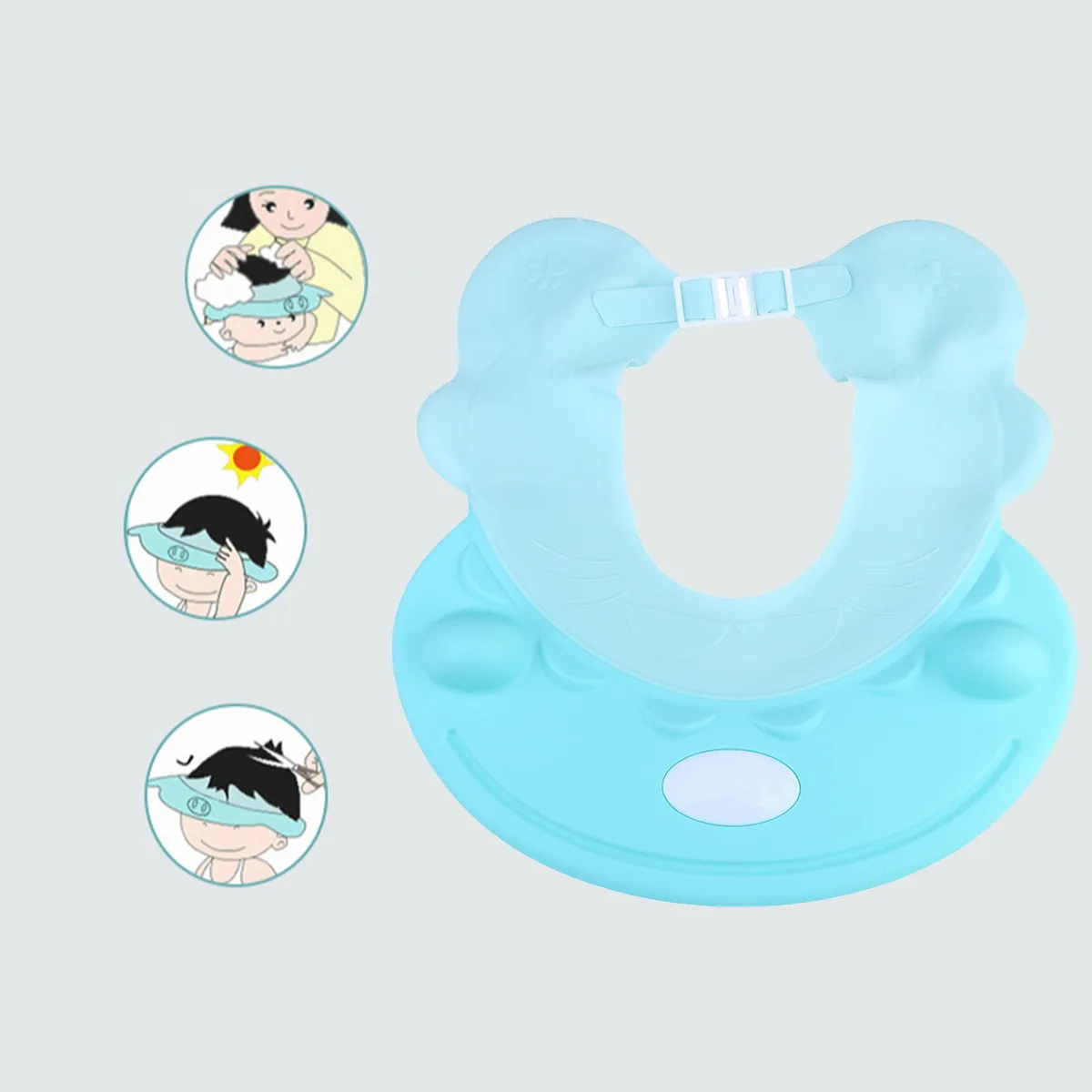 Chapéu de banho ajustável para bebês, à prova d'água, céu azul, desenho animado, shampoo, protetor de ouvido, touca de banho para crianças