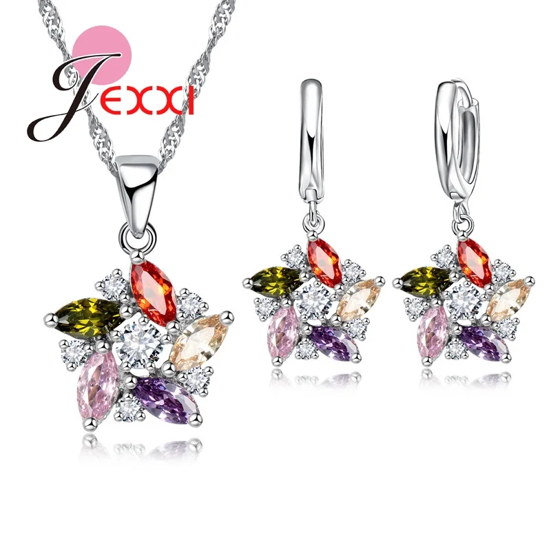 Colorful Cubic Zircon Top Grade 925 Sterling Silver Flower Jewelry Set Pendant Necklace Earrings Women Wedding Nice Sets