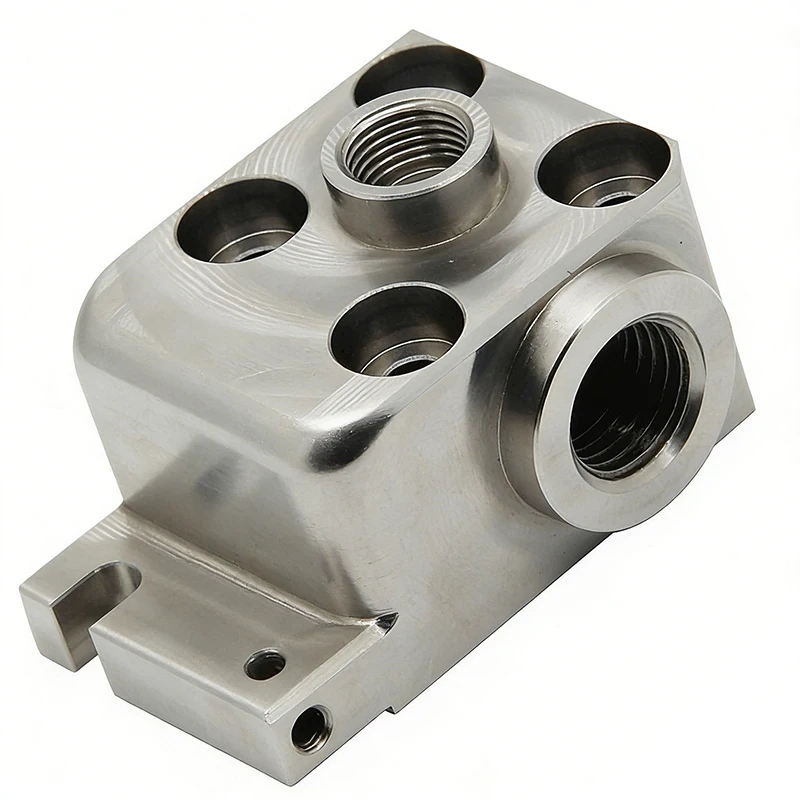 Precision Rapid Prototype Machining Services Precision 5-Axis CNC Machined Stainless Steel Hydraulic Block with Internal Threads