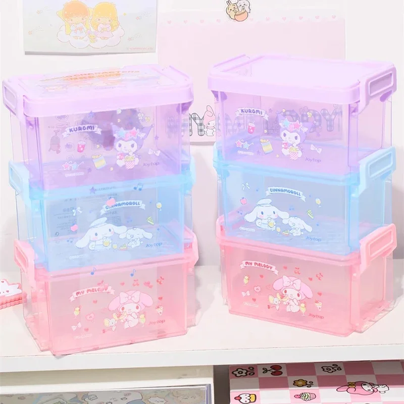 Sanrio Kawaii My Melody Three-layer Stacked Buckle Storage Box Kuromi Cinnamoroll Anime Cartoon Students Desktop Stationery Box