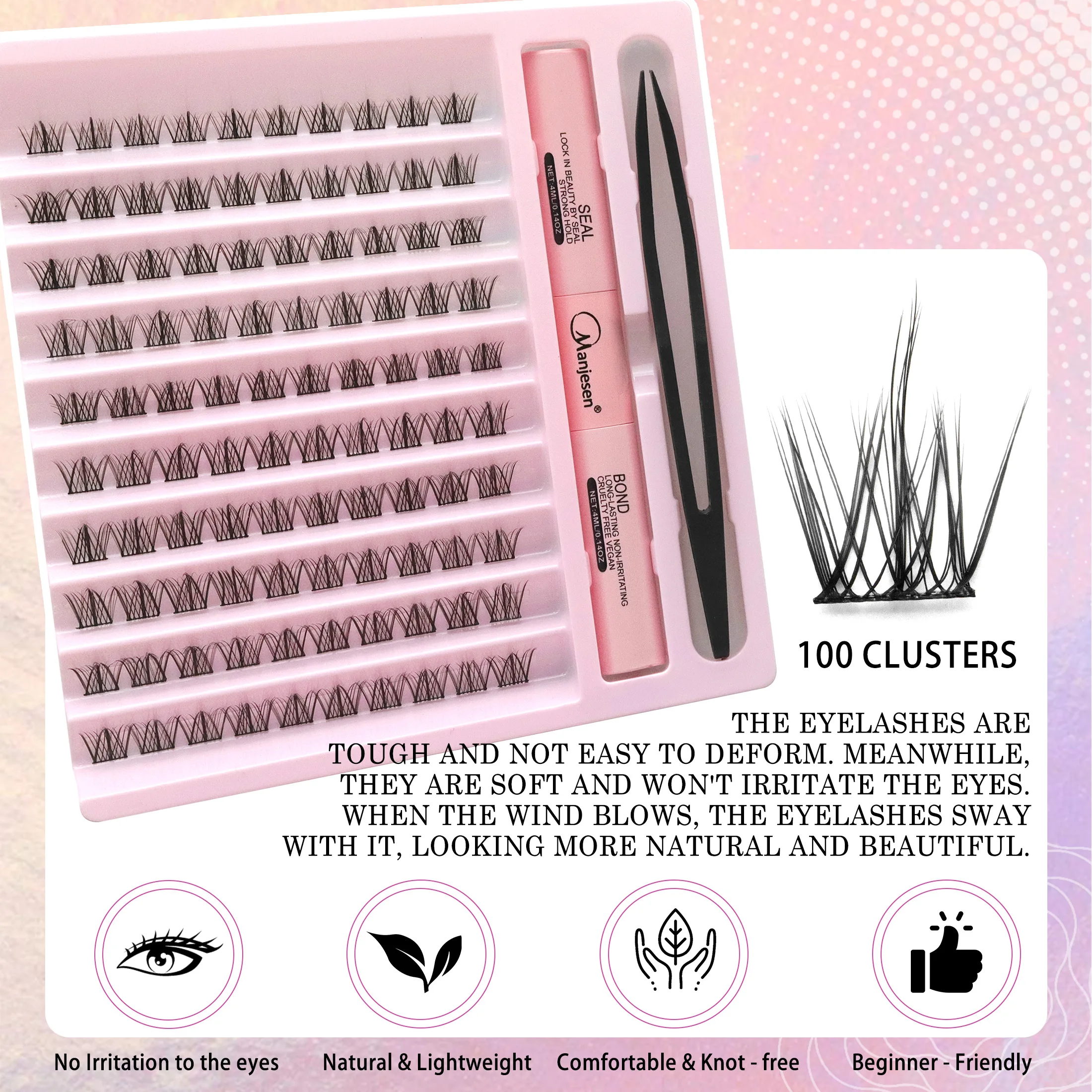 Zestaw do samodzielnego przedłużania rzęs, 200 kępek sztucznych rzęs, mieszanka kępek rzęs z klejem do rzęs, aplikatorem i narzędziem do makijażu.