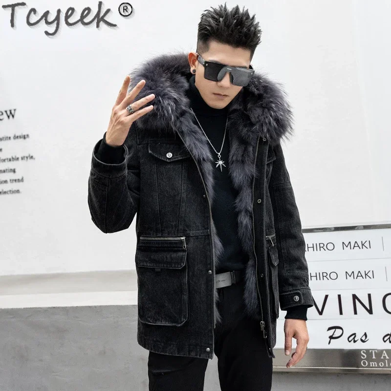 

Tcyeek 23 Mid-long Men's Cowboy Parka Winter Warm Fox Fur Liner Fashion Real Fur Jacket for Man Clothing Slim Raccoon Fur Collar