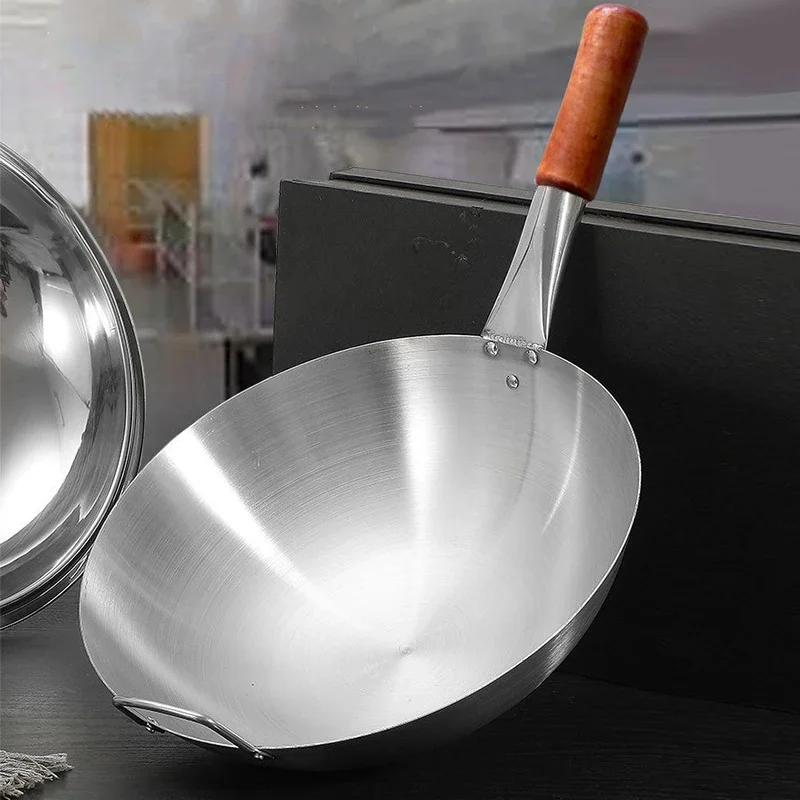 Stainless Steel Chef Cooking Wok Beech Anti-Scald Handle Round Bottom Kitchen Cookware for Gas Stoves 32cm