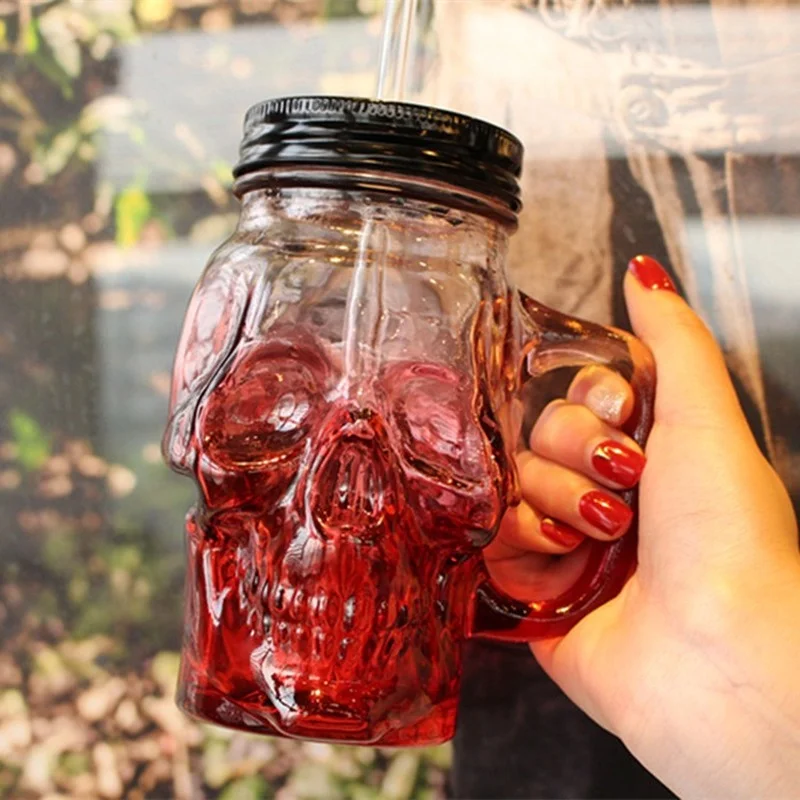 2022 New Creative Skull Glass Gradient Mason Bottle With Handle Cover Skull Beer Cup With Straw Water Tumbler