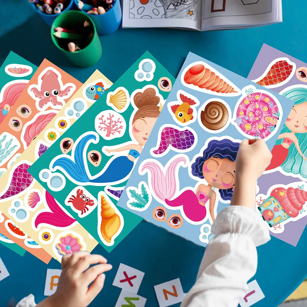 8/16Sheets Make Your Own Mermaid Puzzle Stickers For Kids Make a Face DIY Assemble Jigsaw Funny Children Game Party Favor Gifts