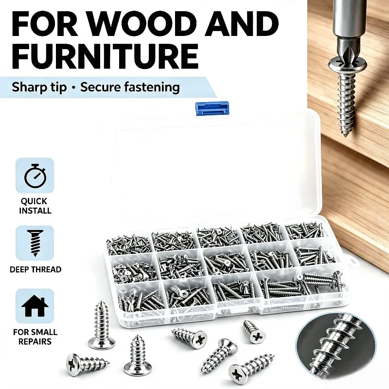 Nickel Plated Cross Countersunk Self Tapping Screws 1235Pcs M2 M3 M4 Kit Wood Screws for Solid Panels Window Frame  Home Repair