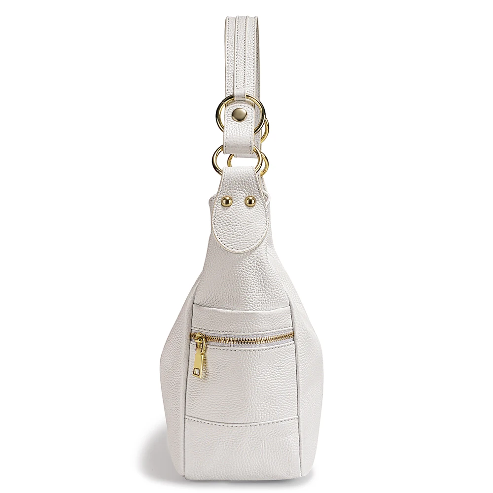 Zency Elegant White 100% Genuine Leather Women Hobo Handbag Shoulder Bag Large Capacity Lady Zipper Crossbody Bags Designer