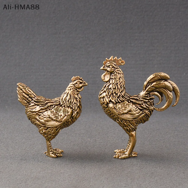 HMA88-1/2PCS Copper Rooster And Hen Ornaments Solid Brass Rooster Small Statue Office Desktop Ornaments Tea Pet Crafts